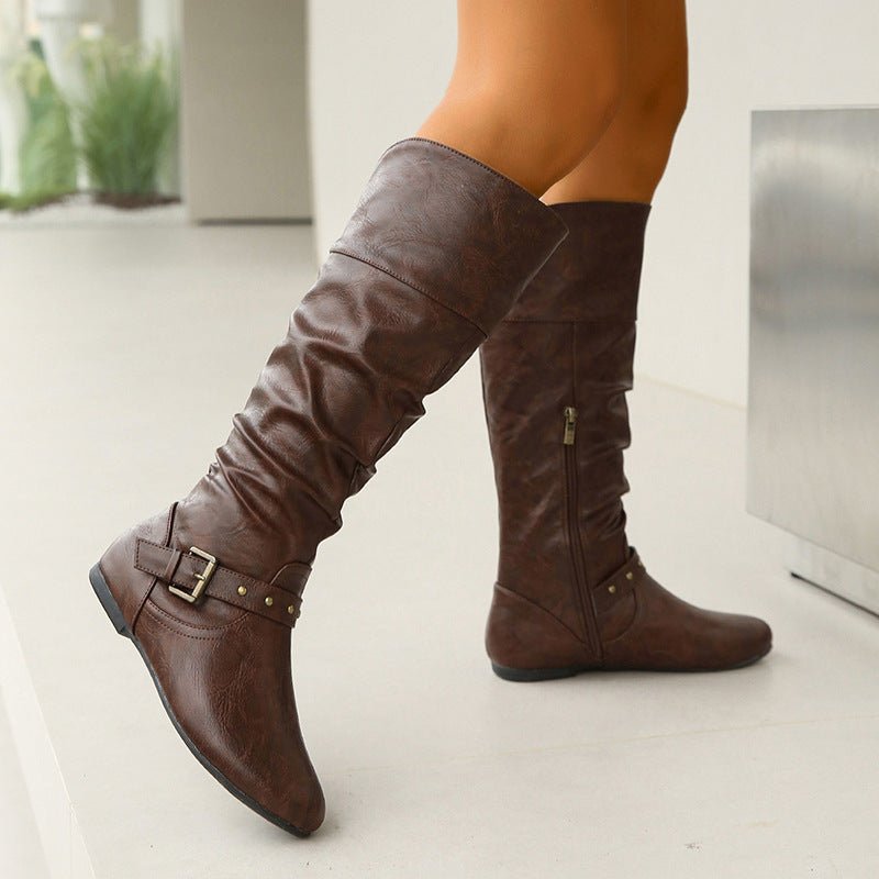 Vintage Crumpled Autumn Winter Women Boots Sleeve Belt Buckle Women Long Boots round Toe Flat Heel Women Boots