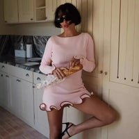 Wave Edge Dress Sexy Tight Wooden Ear Curling Knitted Dress Long Sleeve Ball Autumn Winter - Premium Dresses for sale