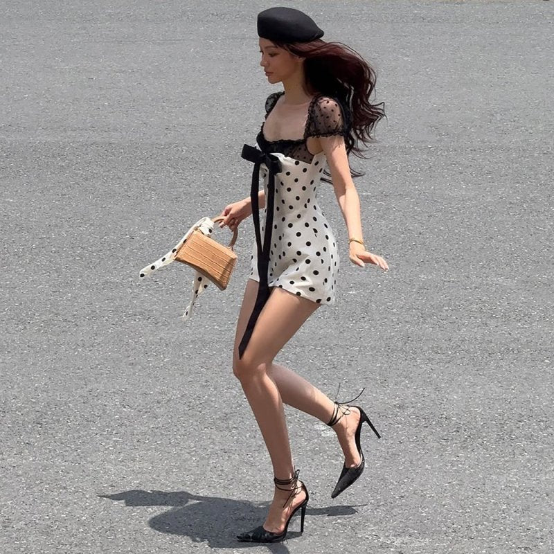 White Polka Dot Mini Dress - Summer Bow Sexy Lace Stitching Tight Waist Hip Dress - Premium Dresses for sale