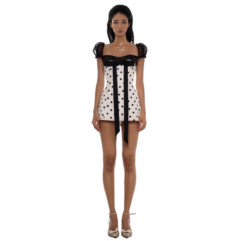 White Polka Dot Mini Dress - Summer Bow Sexy Lace Stitching Tight Waist Hip Dress - Premium Dresses for sale