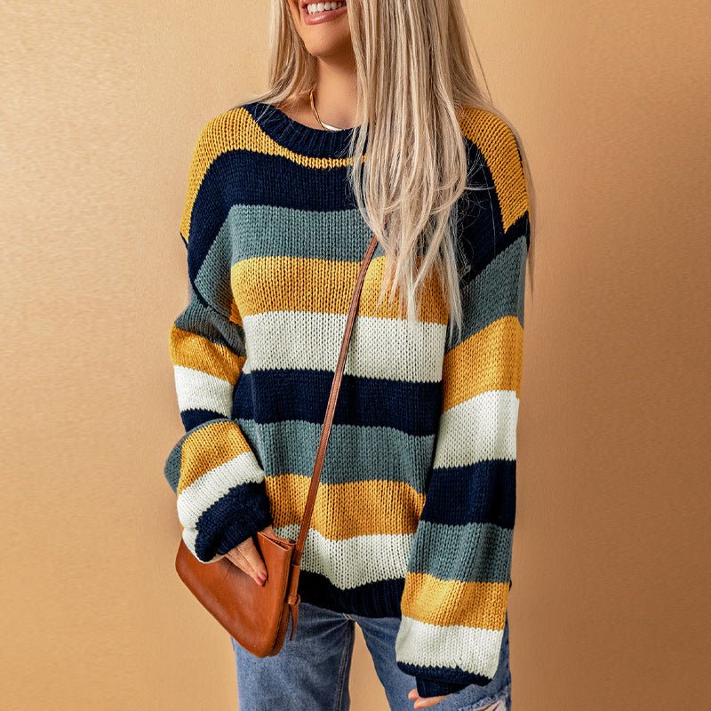 Winter Contrast Color Striped Stitching Sweater for Women Casual Drop Shoulder Long Sleeve Pullover for Women