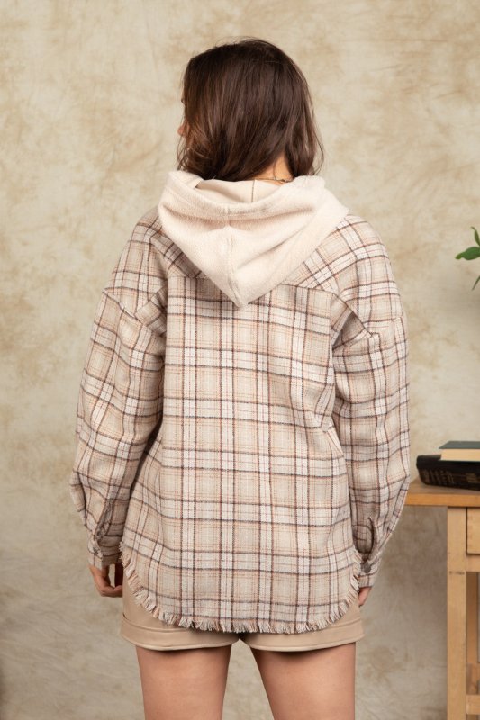 Winter Women Clothing Hooded Large Pocket Plaid Shacket