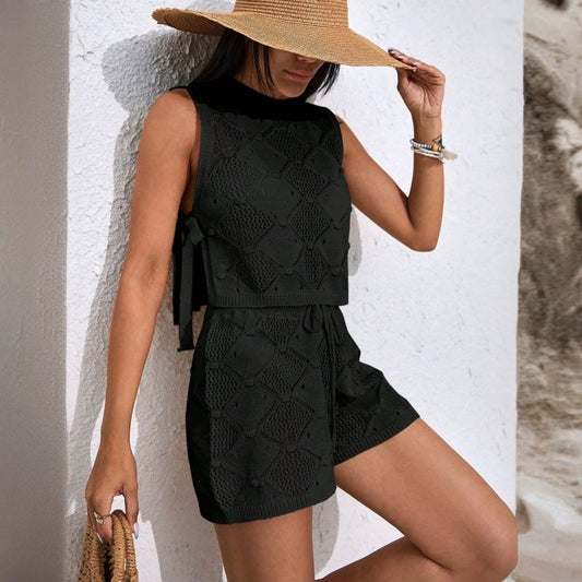 Women Handmade Knitted Vest Loose Casual Seaside Vacation Two Piece Set - Premium Outfit Sets for sale