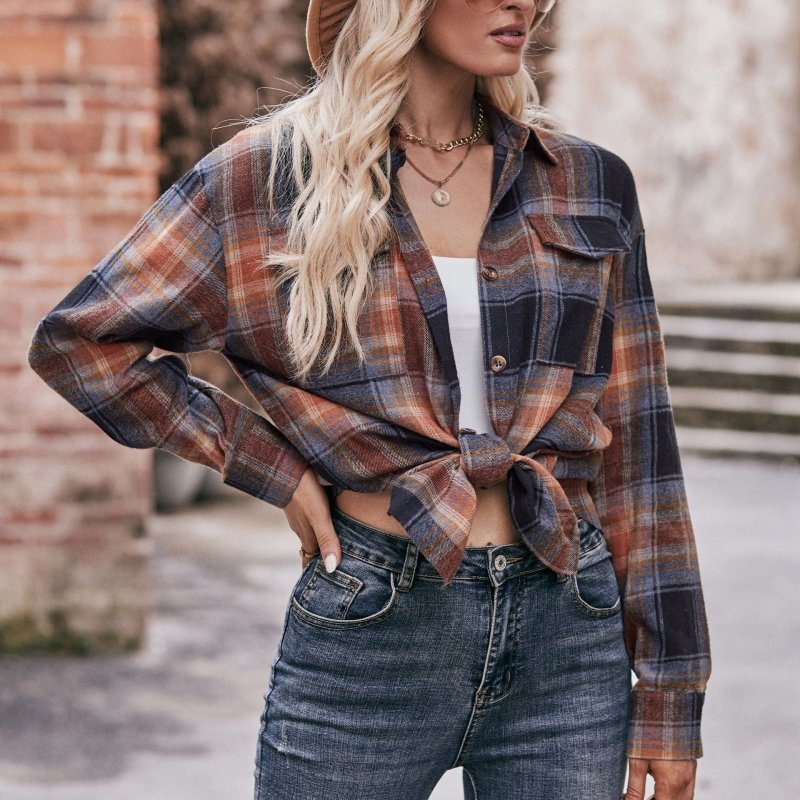 Women Autumn Winter Casual Oversize Loose Plaid Shirt