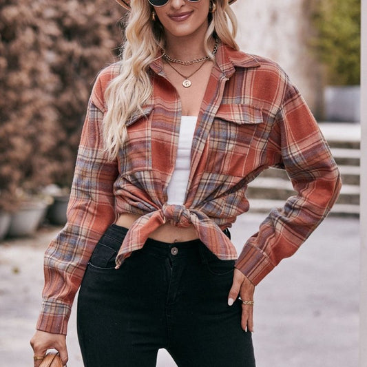 Women Autumn Winter Casual Oversize Loose Plaid Shirt