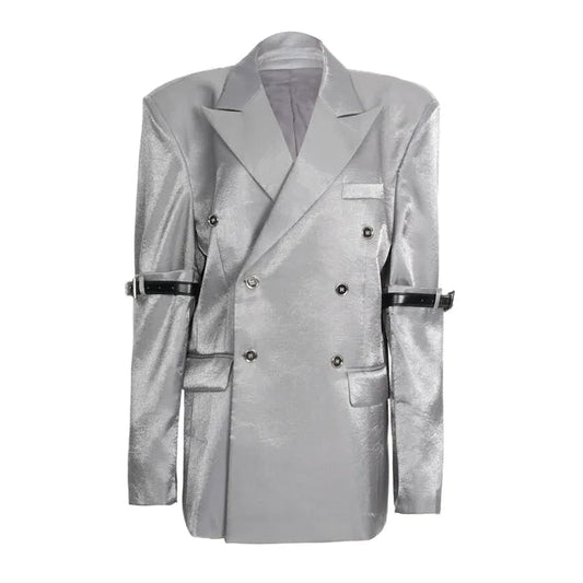 Women Blazer Autumn Silvery Double Breasted Full Sleeve Ladies Blazer Coat Belt Loose Women's Long Suit Jacket