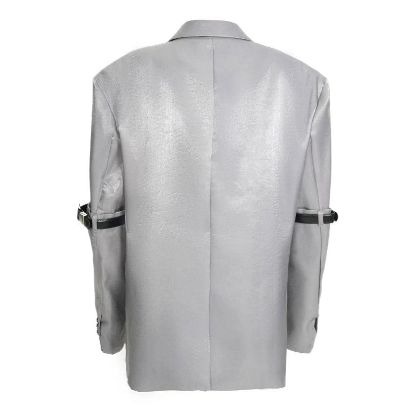 Women Blazer Autumn Silvery Double Breasted Full Sleeve Ladies Blazer Coat Belt Loose Women's Long Suit Jacket