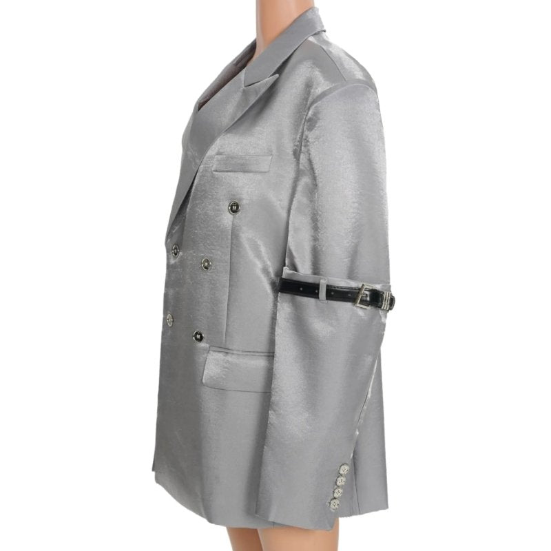 Women Blazer Autumn Silvery Double Breasted Full Sleeve Ladies Blazer Coat Belt Loose Women's Long Suit Jacket