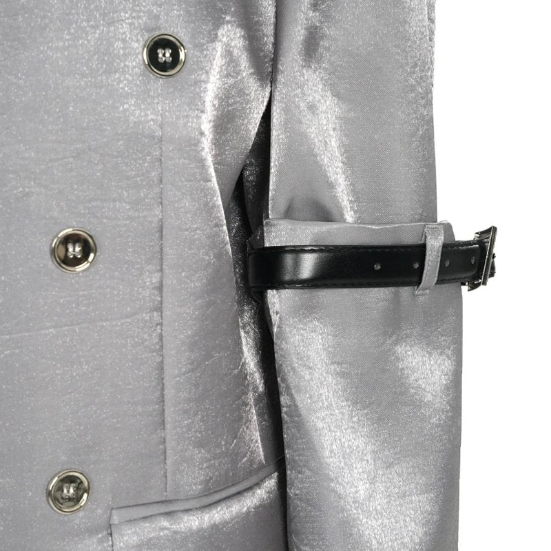 Women Blazer Autumn Silvery Double Breasted Full Sleeve Ladies Blazer Coat Belt Loose Women's Long Suit Jacket