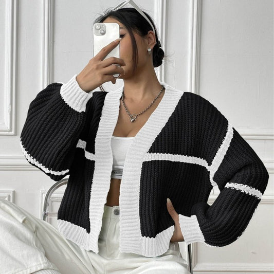 Women Cardigan Women Clothing Fall Winter Coat Color Contrast Patchwork Short Casual Loose Woven Sweater - Premium Cardigan for sale
