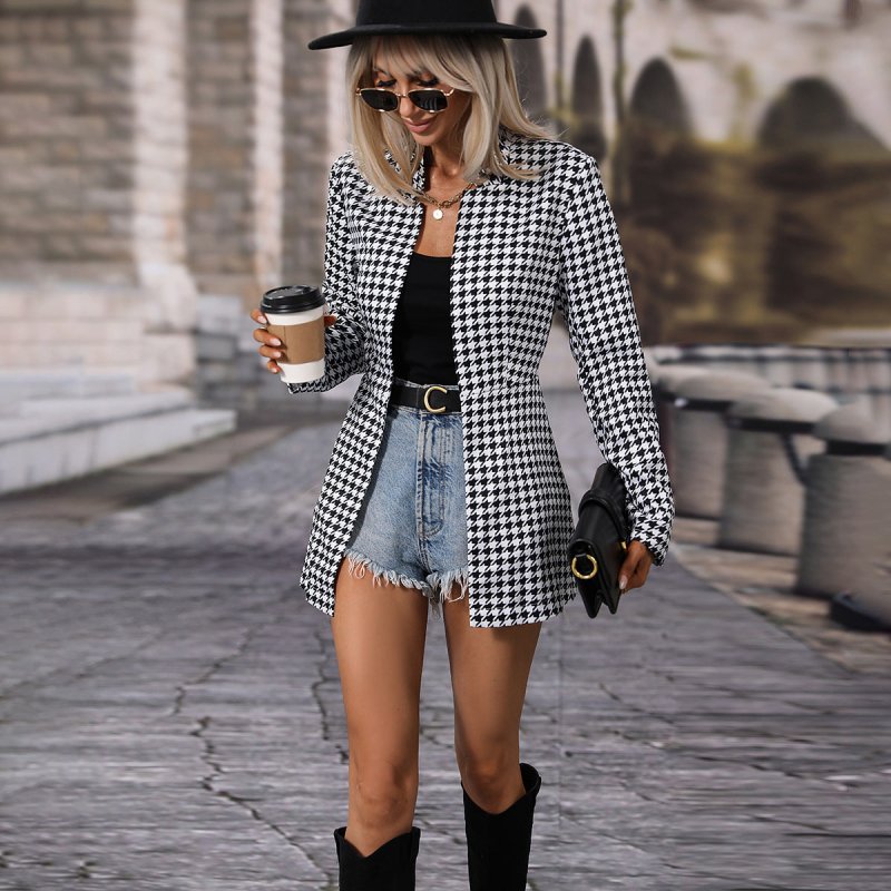 Women Clothing Autumn Winter Houndstooth Long Sleeved Cardigan Mid Length Coat