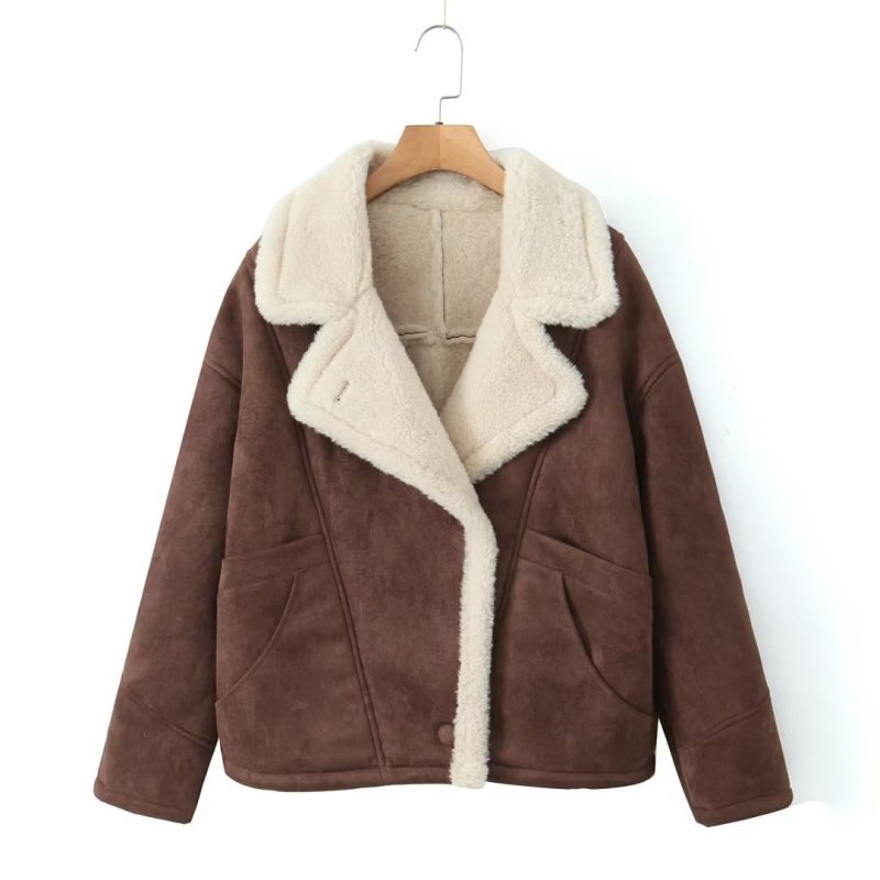 Women Clothing Autumn Winter Retro Lamb Wool Collared Loose Casual Warm Jacket