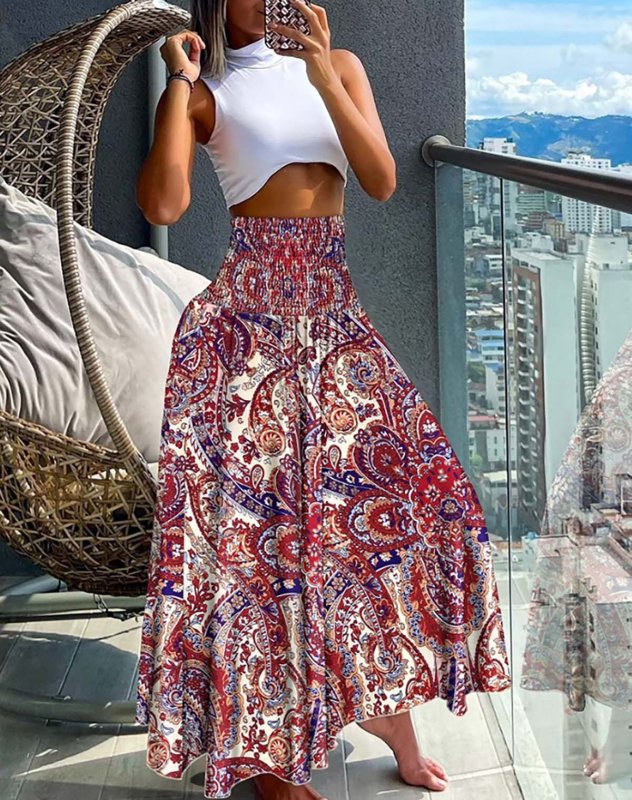 Women Clothing Bohemian Printed Elastic Waist Midi Skirt