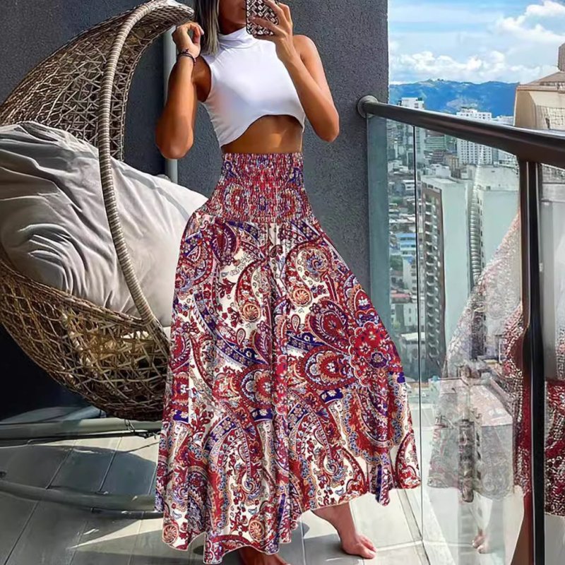 Women Clothing Bohemian Printed Elastic Waist Midi Skirt