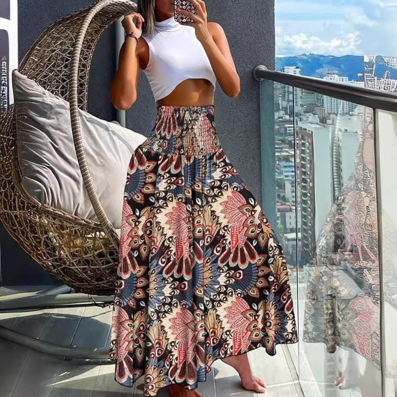 Women Clothing Bohemian Printed Elastic Waist Midi Skirt