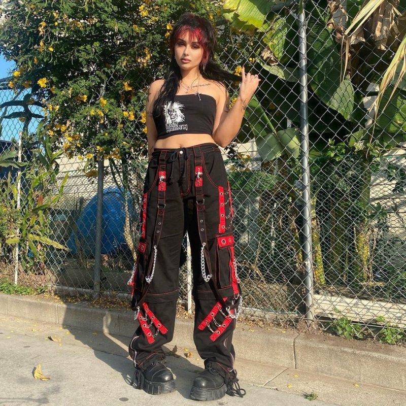 Women Clothing Cool Strap Heavy Industry Street Hip Hop Trousers High Waist Drooping Straight Cargo Casual Pants