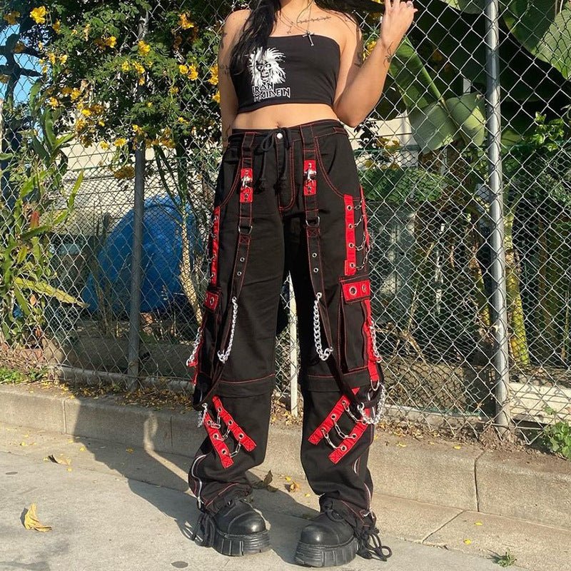 Women Clothing Cool Strap Heavy Industry Street Hip Hop Trousers High Waist Drooping Straight Cargo Casual Pants