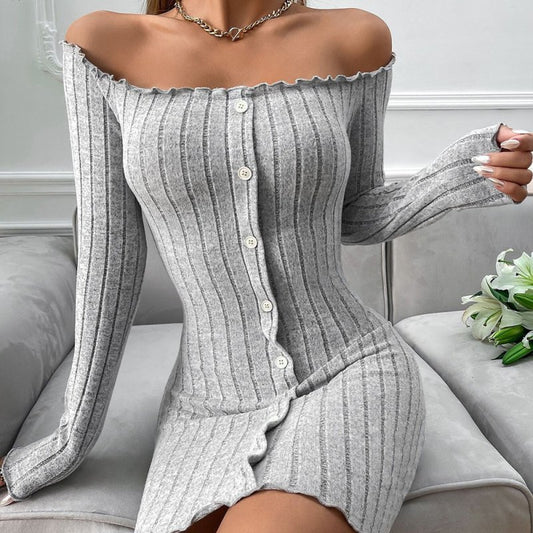 Women Clothing Sexy Pure Dress Autumn Winter Boat Collar Off The Shoulder High Waist Hip Wrapped Dress