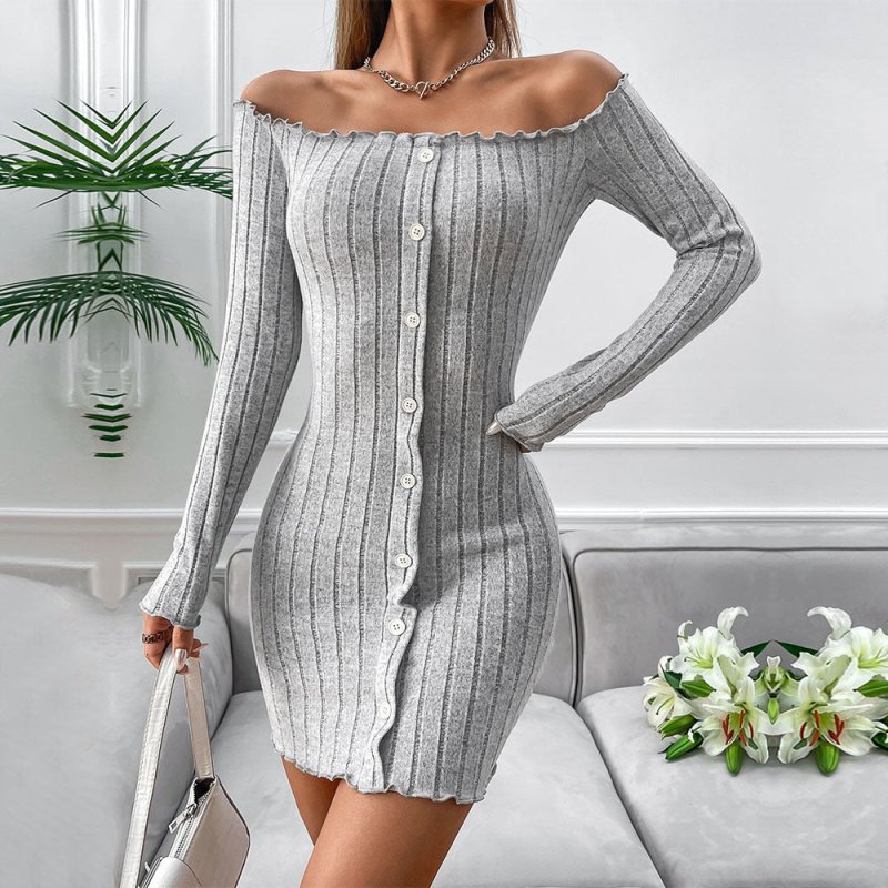 Women Clothing Sexy Pure Dress Autumn Winter Boat Collar Off The Shoulder High Waist Hip Wrapped Dress