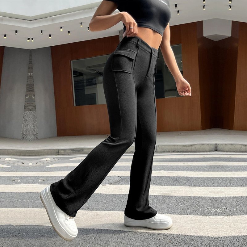 Women Clothing Street Pocket Slim Solid Color Stretch Bootcut Trousers Casual Trousers