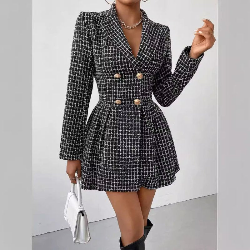 Women Clothing Winter Plaid Office V Neck Long Sleeve Dress Coat