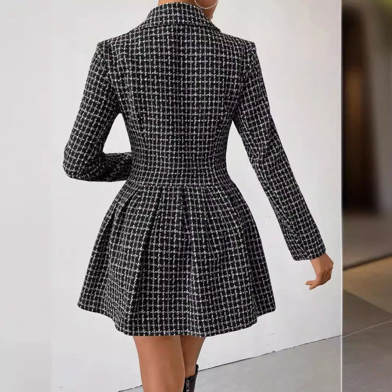 Women Clothing Winter Plaid Office V Neck Long Sleeve Dress Coat