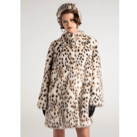 Women Fur Coat Faux Fur Mid - Length Coat Autumn Winter Stand Collar Tigercat Pattern Warm Loose Trench Coat