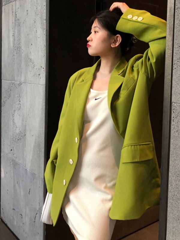 Women Green Big Size Casual Long Blazer New Lapel Long Sleeve Loose Fit Jacket Fashion Trend Spring Autumn