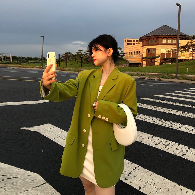 Women Green Big Size Casual Long Blazer New Lapel Long Sleeve Loose Fit Jacket Fashion Trend Spring Autumn