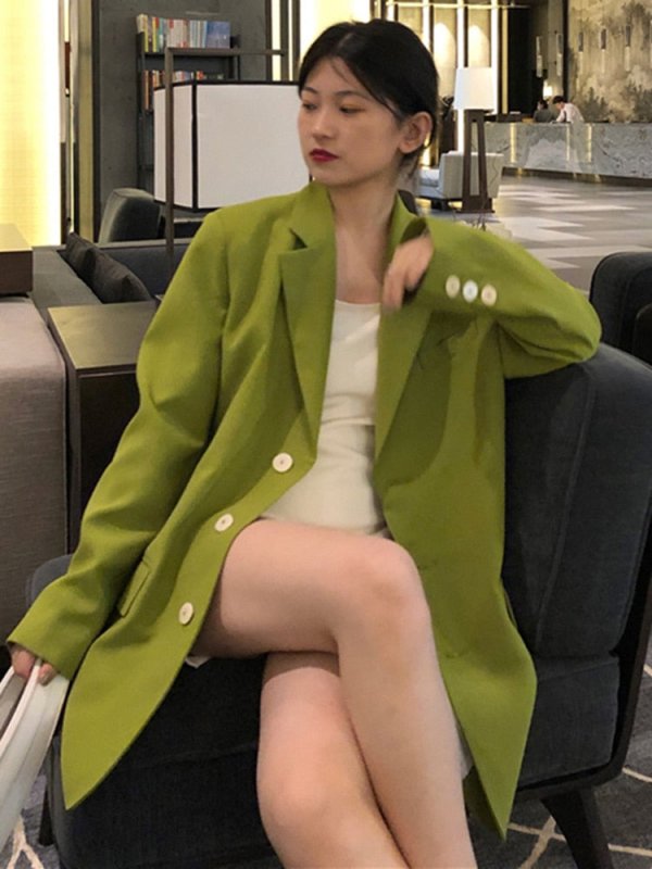 Women Green Big Size Casual Long Blazer New Lapel Long Sleeve Loose Fit Jacket Fashion Trend Spring Autumn