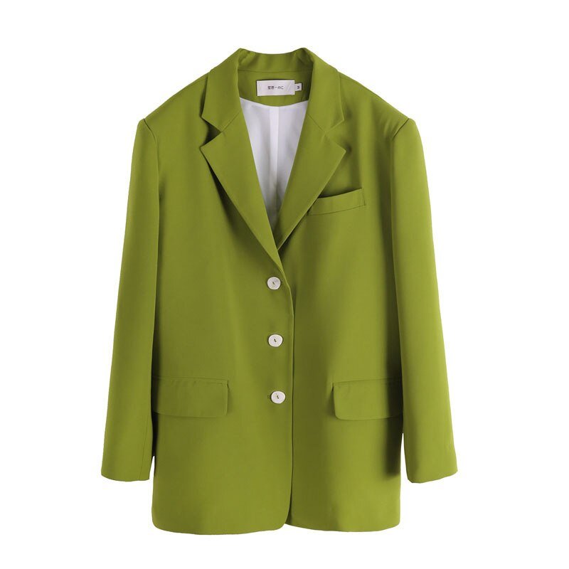 Women Green Big Size Casual Long Blazer New Lapel Long Sleeve Loose Fit Jacket Fashion Trend Spring Autumn