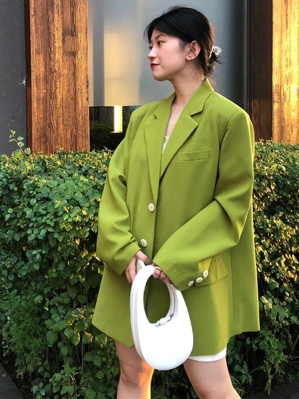 Women Green Big Size Casual Long Blazer New Lapel Long Sleeve Loose Fit Jacket Fashion Trend Spring Autumn