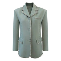 Women Green Rhinestones Big Size Blazer New Lapel Long Sleeve Loose Fit Jacket Fashion Trend Spring Autumn