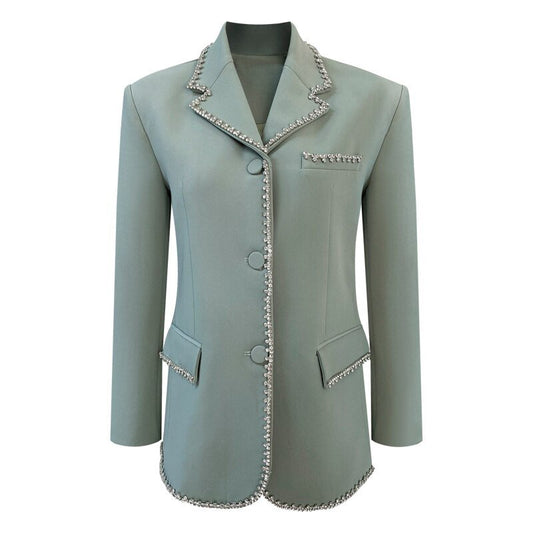 Women Green Rhinestones Big Size Blazer New Lapel Long Sleeve Loose Fit Jacket Fashion Trend Spring Autumn