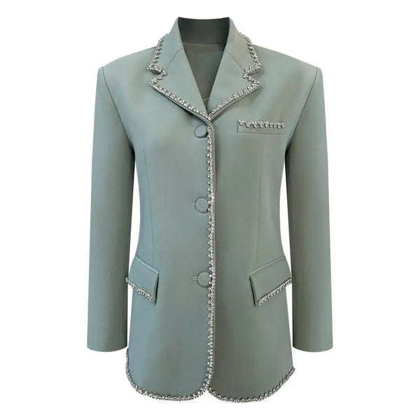 Women Green Rhinestones Big Size Blazer New Lapel Long Sleeve Loose Fit Jacket Fashion Trend Spring Autumn