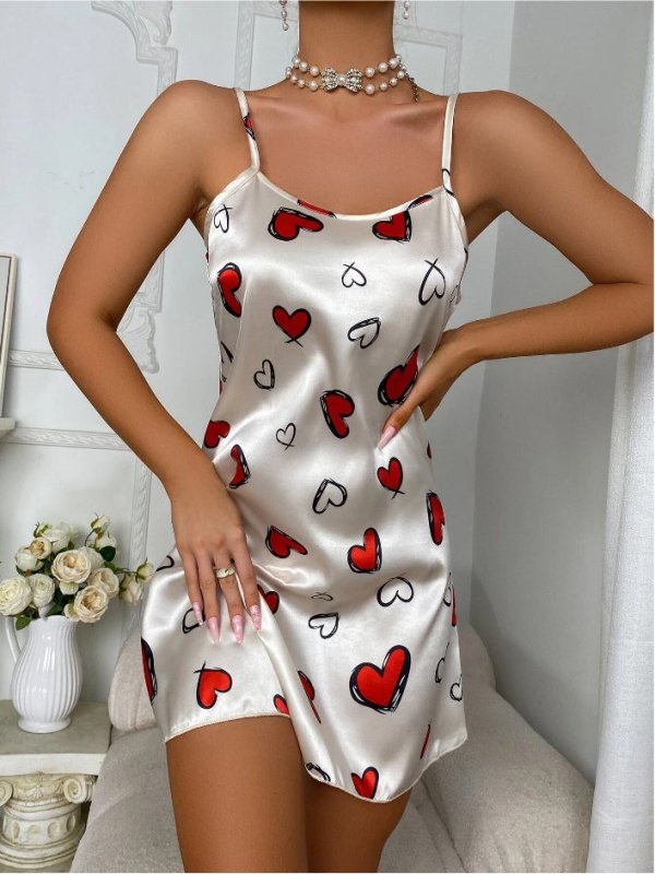 Women Ice Silk Strap Night Dress Sexy Backless Pajamas Women Thin Breathable Printed Suspender Dress