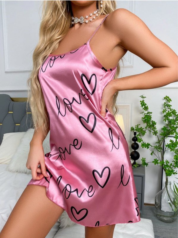 Women Ice Silk Strap Night Dress Sexy Backless Pajamas Women Thin Breathable Printed Suspender Dress