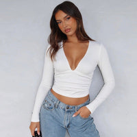 Women Long Sleeved V - Neck T-Shirt - Summer Slim Fit Ruched Sunken Stripe Top - Premium for sale