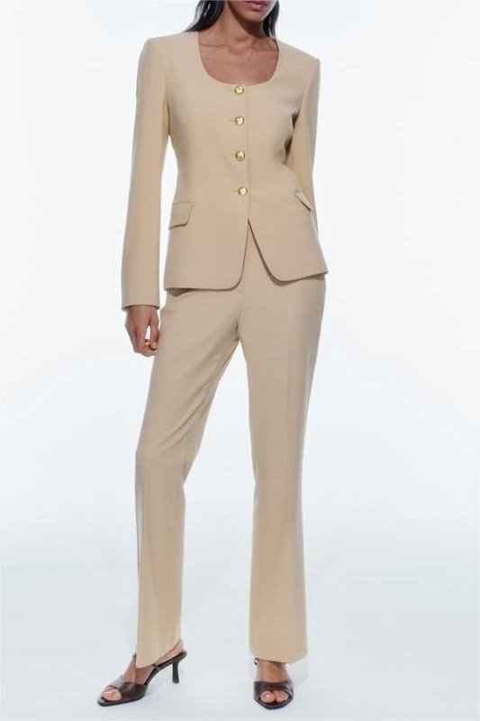 Women round Neck Blazer High Waist Flared Pants Suit