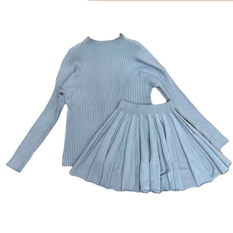 Women Skirt Sets Autumn Striped Round Neck Knitted Sweater High Waist Mini Pleated Skirt Two Piece Sets Fashion