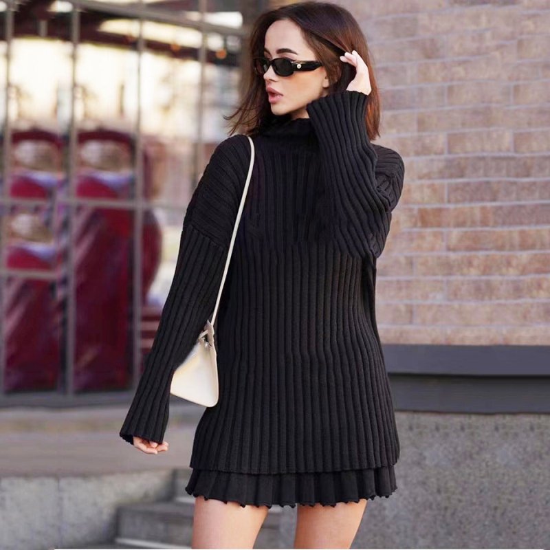 Women Skirt Sets Autumn Striped Round Neck Knitted Sweater High Waist Mini Pleated Skirt Two Piece Sets Fashion