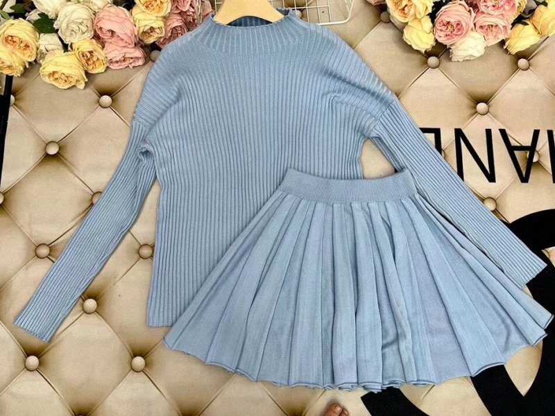 Women Skirt Sets Autumn Striped Round Neck Knitted Sweater High Waist Mini Pleated Skirt Two Piece Sets Fashion