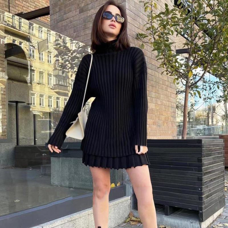 Women Skirt Sets Autumn Striped Round Neck Knitted Sweater High Waist Mini Pleated Skirt Two Piece Sets Fashion