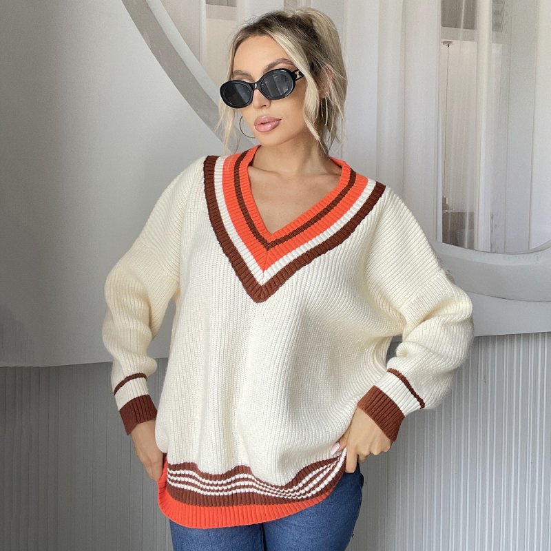 Women Solid Color V neck Striped Stitching Contrast Color Knitted Pullover Autumn Winter Casual Loose Sweater