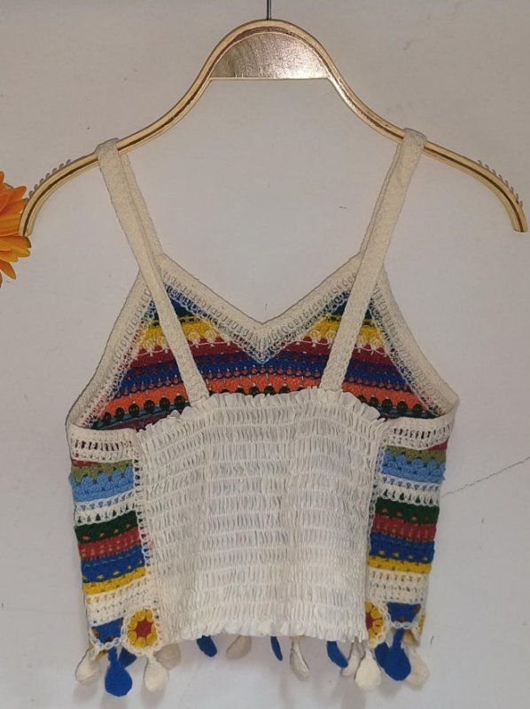 Women Summer Colored Crocheted Hollow Short Top