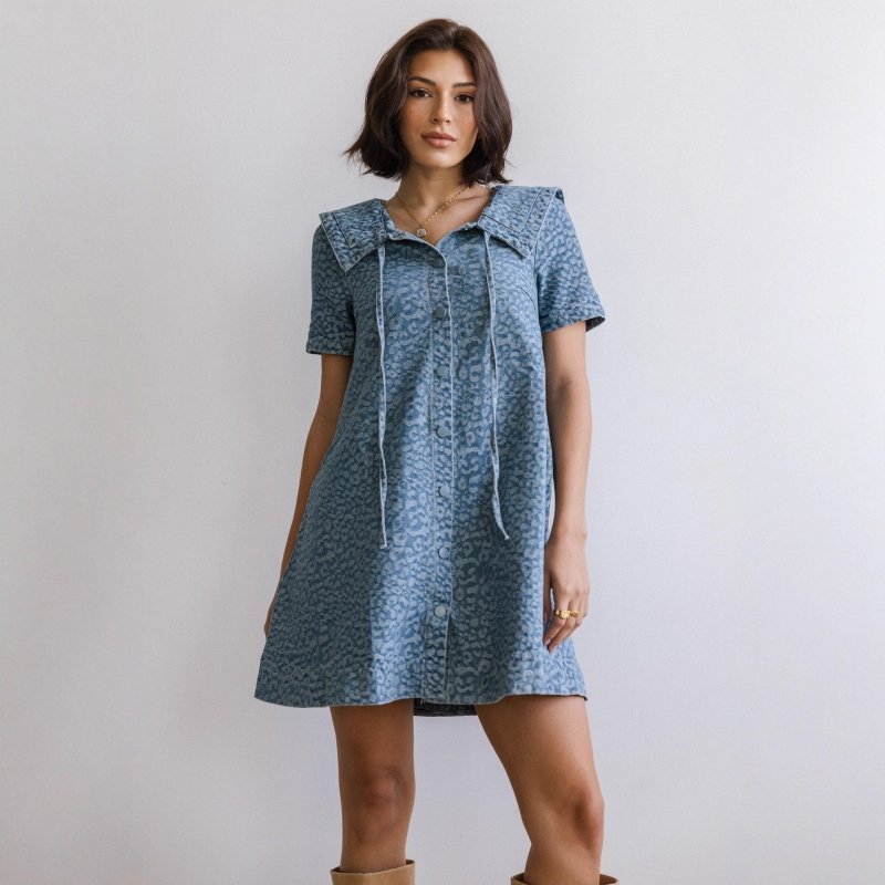 Women's Animal Print Denim A - Line Dress – Short Sleeve Tie Neck - Premium for sale