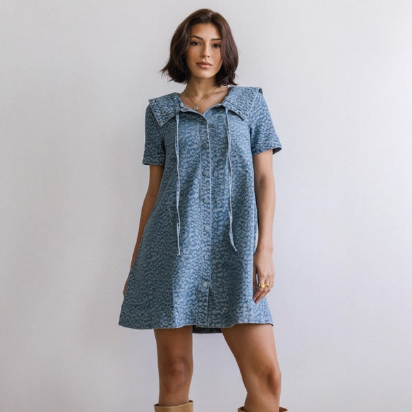 Women's Animal Print Denim A - Line Dress – Short Sleeve Tie Neck - Premium for sale