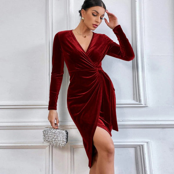 Women's Asymmetric Wrap Dress – V - Neck Long Sleeve Elegant Midi Dress - Premium for sale