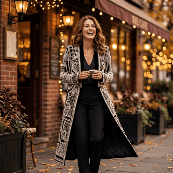 Women's Beaded Geometric Overcoat lifestyle - Madragora