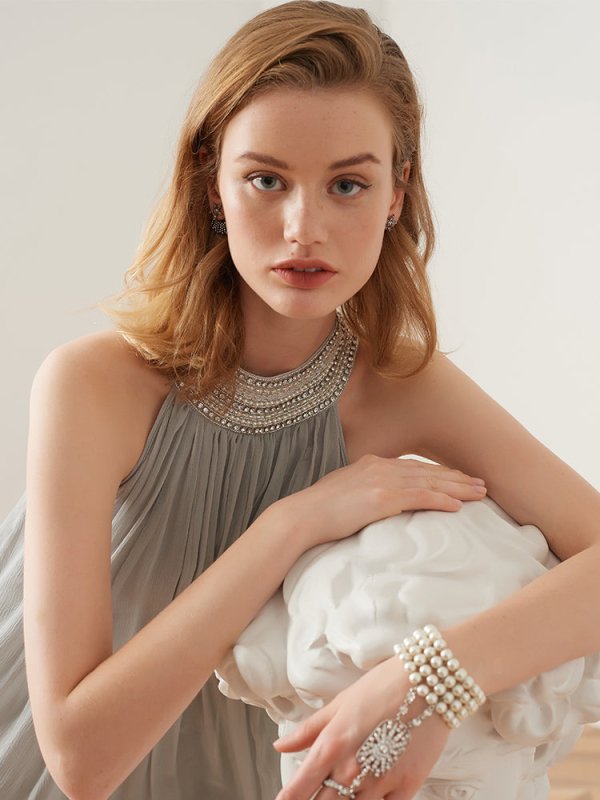 Women's Beaded Halter Dress – Silk - Like Zipper Mini - Premium Activewear for sale